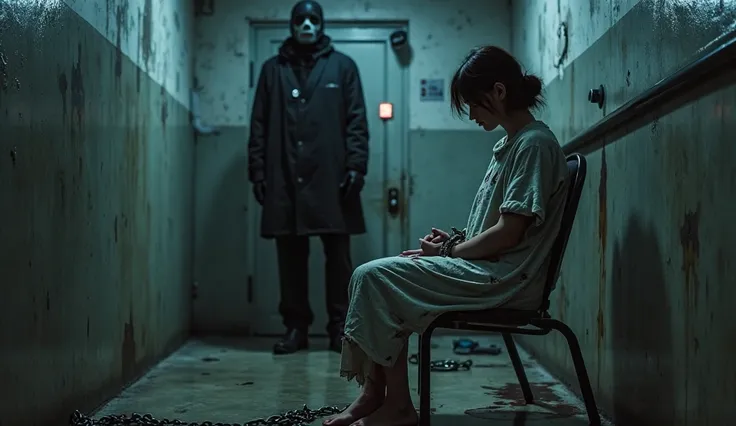 A young woman in a tattered hospital gown sits handcuffed to a metal chair in a dark, grimy underground room. Her head is bowed ...