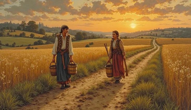 Prompt 5: "A twilight scene of newlyweds trudging home past plowed fields, their slumped shoulders and weary faces illuminated b...