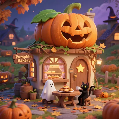 A whimsical one-story Pumpkin Bakery located at the center of the image. The bakery is shaped like a large carved pumpkin with a...