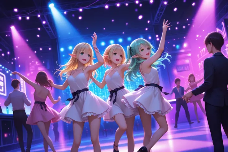 modern day casual party outfit, elf girls group, small breast, nightclub, lights, dancing, happy