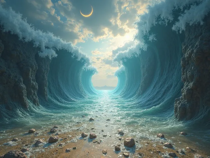 A dramatic, crystal-clear scene where the sea is split into two towering walls of water, creating a dry, rocky path through the ...