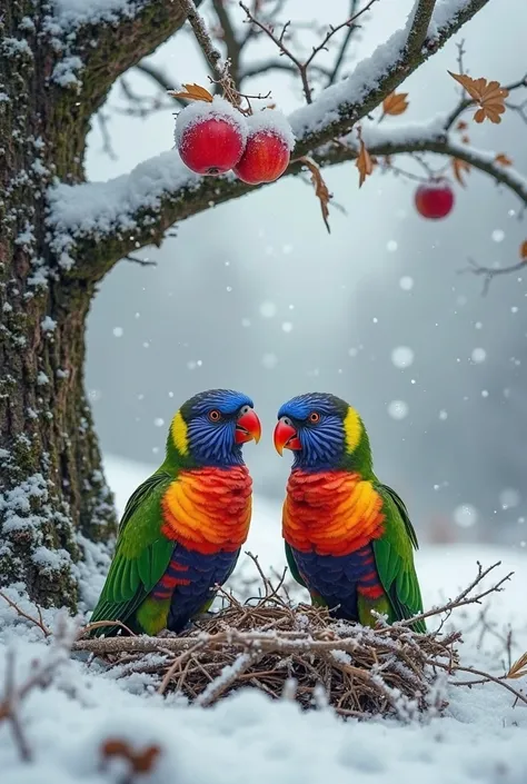 In a cold mountain valley covered with frost and fog, two colorful parrots are on the snowy ground near the base of a large appl...