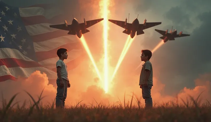 A realistic, emotionally powerful war-themed image divided vertically into two sides.
On the left, an ear-old American boy stand...