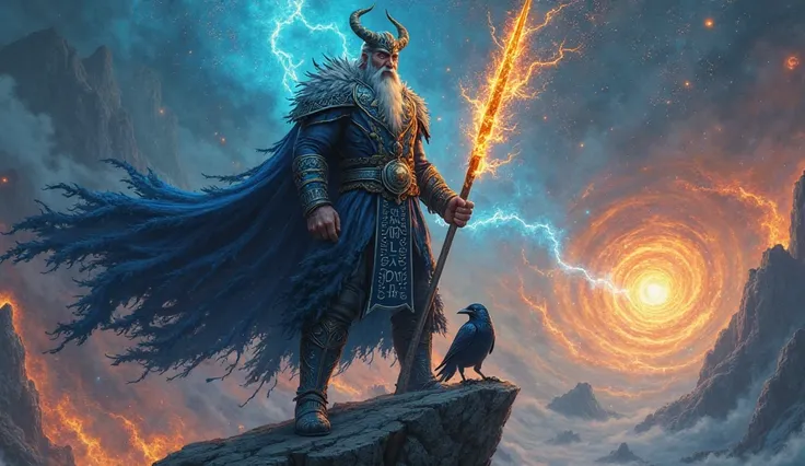 : Odin stands atop a jagged, rune-carved cliff in Asgard, his towering, grizzled silhouette radiating ancient wisdom and authori...