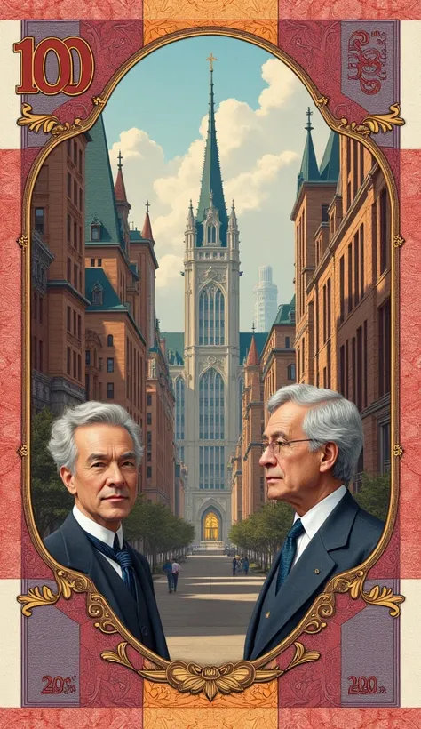 create a 100 denomination vertical banknote with canada revival style architecture buildings and noble canadians.