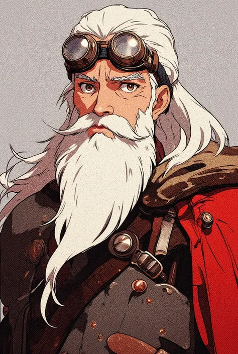 Anime art, calm, human, white hair, long hair, male dwarf, brown eyes, leather armor, long white beard, alchemist goggles, alche...