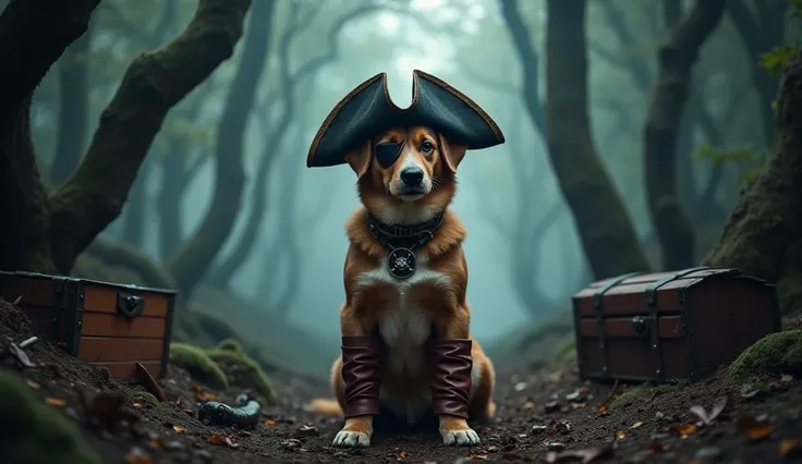 A dog wearing leather boots and a large pirate hat, standing confidently in a dark and mysterious forest. The forest is dense, ...