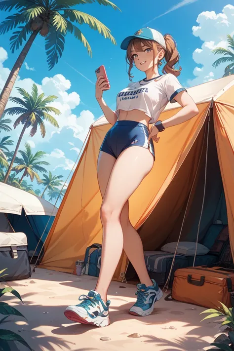 A remote island in the South China Sea、palm trees、A woman who is camping with a tent is posing、Activewear、wearing sneakers、carri...