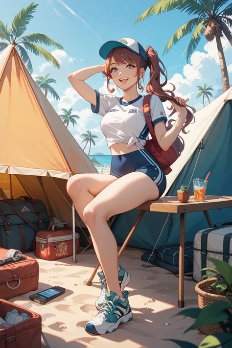 A remote island in the South China Sea、palm trees、A woman who is camping with a tent is posing、Activewear、wearing sneakers、carri...
