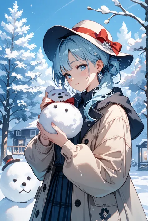 A bear holding a snowman with light blue hair wearing a hat