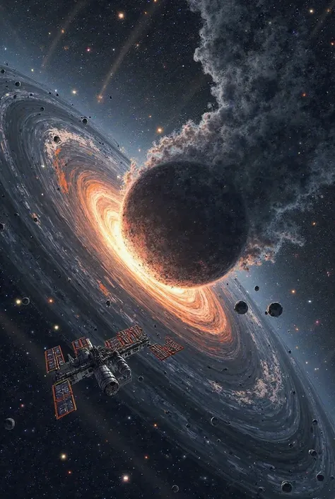 A drawing of the galaxy showing a black hole on the right of the picture, in action of swallowing a nearby planet as well as the...