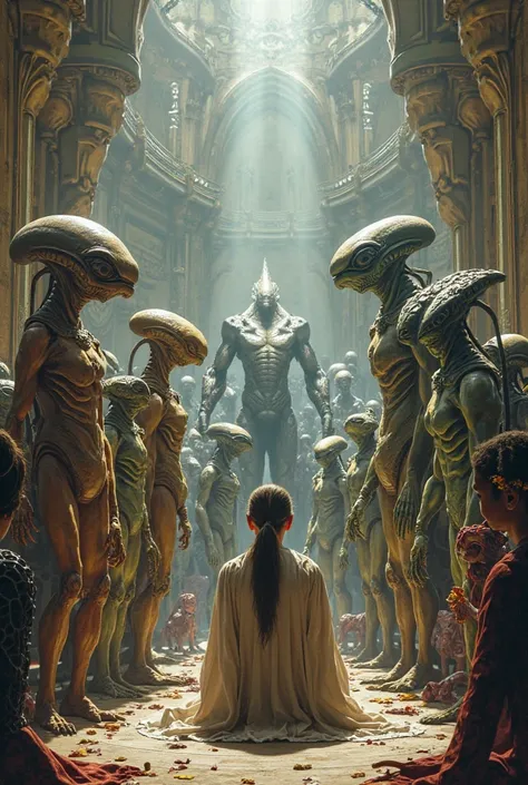 A human sitting in the middle of a hall surrounded by different type of aliens, also sitting