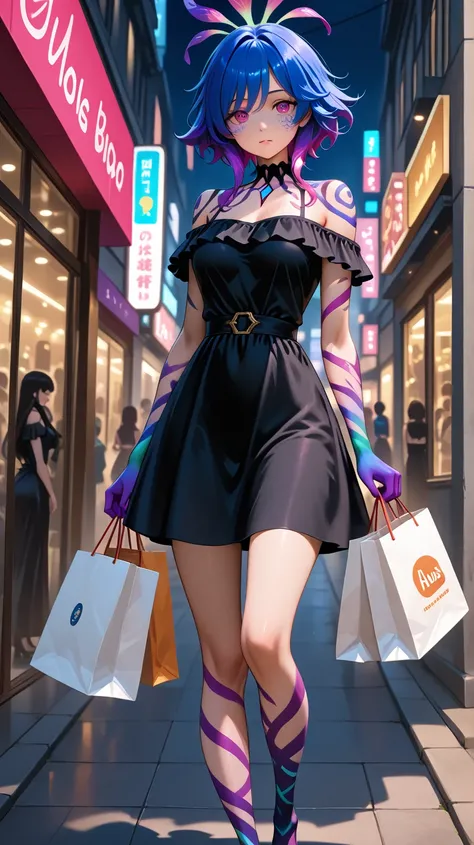 EPllNeeko,She is out on the street with shopping bags wearing a sexy black dress with a bonded color,hair color blue with pink a...