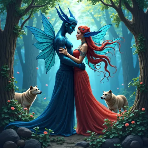 Deux s'amoureux djinns bleues sexy un homme et une femme avec une robe rouge de génie avec un loup et un ours dans une ...