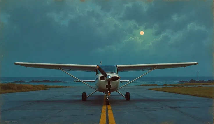  Moorabbin Airport at dusk, 1978, Frederick’s Cessna 182L on the tarmac, its propeller still. Bass Strait’s dark waters loom in ...