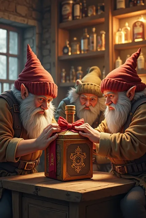 Dwarfs put the bottle in a fancy box, tie it with a ribbon bearing the logo, and illuminate the store with a warm golden light
