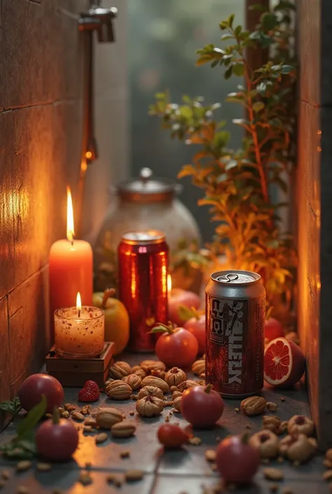 A picture of an intimate sexual atmosphere in a bathroom with fruits, nuts, energy drinks and burning candles
