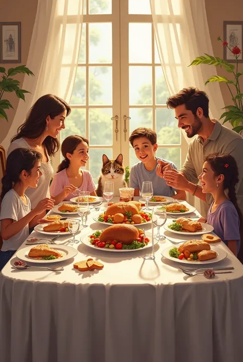 family consisting of dad, mother, 1 older son and 2 girls, A dog and a cat dining at a beautiful table
