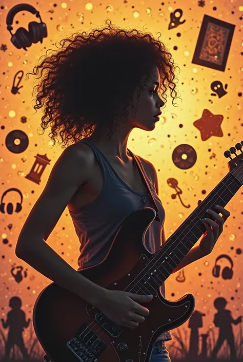 create an image that in the center is the silhouette of a brunette girl with curly hair and is surrounded by the following objec...