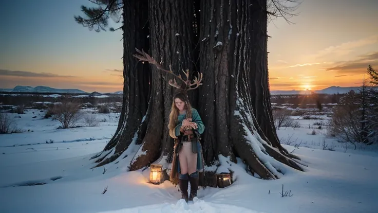 A noble hearted giant Jötunn from Nordic mythology, stood high up in ancient pine trees with a strapping but not frightening pos...