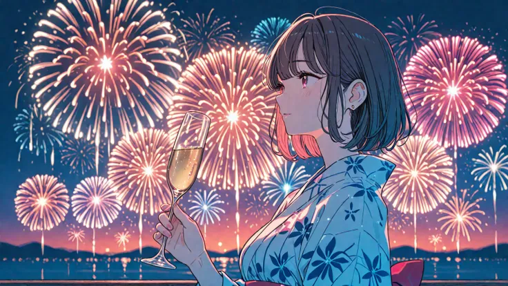 A beautiful woman wearing a yukata 、fireworks display、stylish illustration style、the woman faces here、I'm holding a champagne gl...