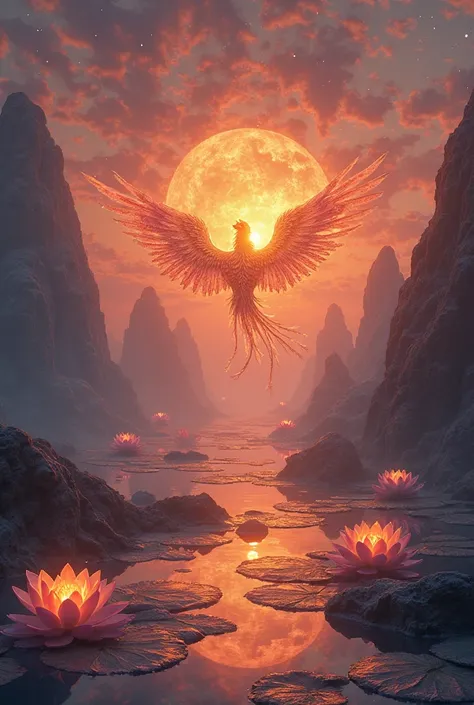 The setting sun shatters[the suspended shattering crystal continent]into orange red and dark purple，[A group of wings composed o...