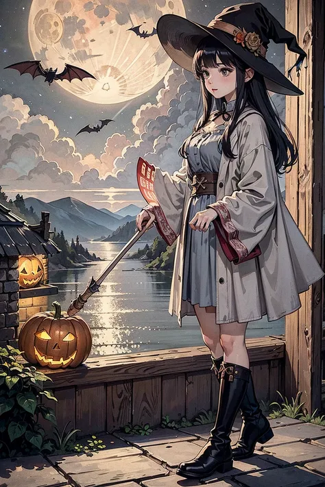 tmasterpiece,best qualtiy,ultra - detailed,illustratio,Halloween,1girll,solo,fanciful,flight,broom,nigh sky,exteriors,Jack-o'-la...