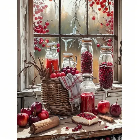 painting of a basket of  appless and other items on a table, Soaking in cranberries , red  appless, with red berries and icicles...