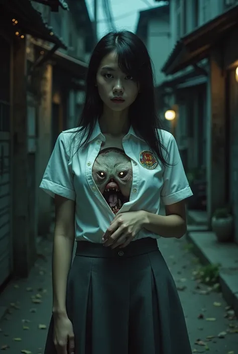 A beautiful young Asian woman in her early 20s, wearing a modern, fitted Indonesian senior high school uniform: a white short-sl...