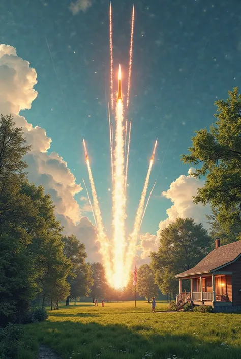 Incoming missiles sky to a backyard summer americana