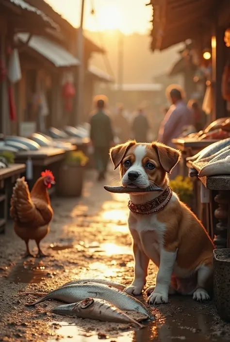 “A hyper-realistic outdoor fish shop scene in a city-type village during golden evening time. The setting features rustic wooden...