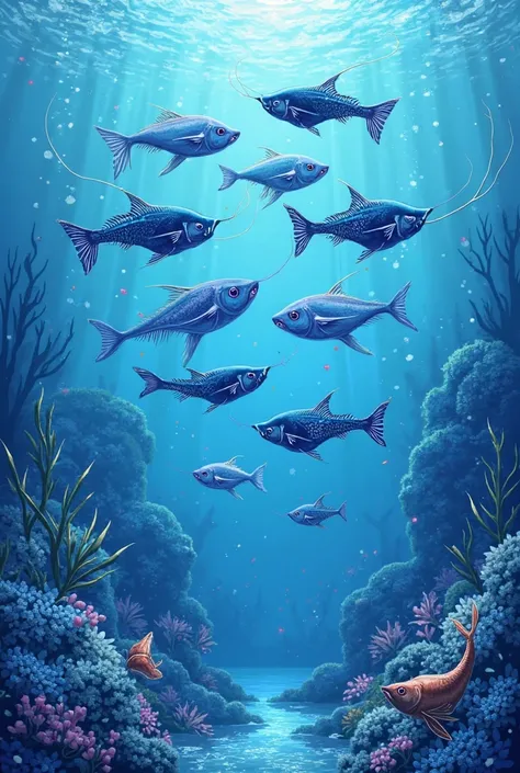 Fish styling, shrimp, oysters, Rakov. In one blue color, vector graphics