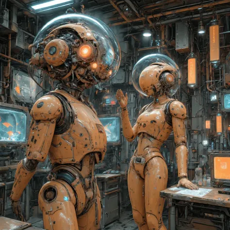 A robot is standing in a room with a fish tank,The robot is the head of a glass dome,I can see a glowing vacuum tube in my head,...