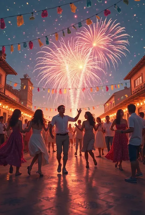 Happy people dancing in winery while there’s fireworks behind