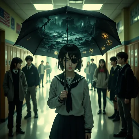 A middle school girl stands in the center of the composition, holding a black umbrella and wearing an eyepatch. Her pose is calm...