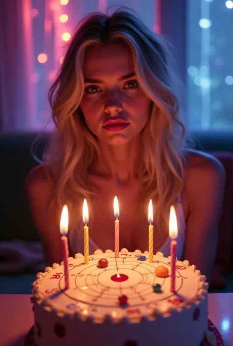 neon, synthwave aesthetic. beautiful blonde girl is sitting in front of a birthday cake and candles. The cake has an astrologica...