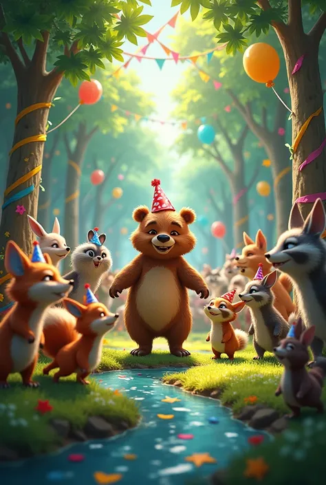 Generate a video of many animals having a party in the forest