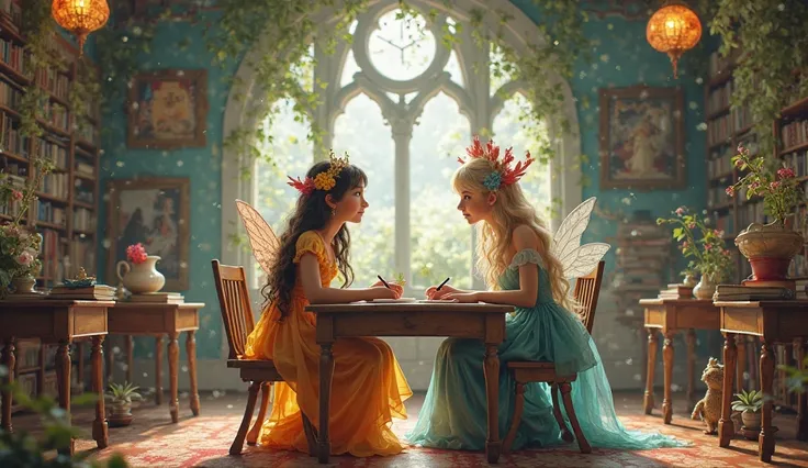 two fairy-tale characters on a fabulous school background are sitting at their desks and chatting 