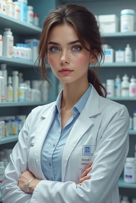 Image of a brunette woman with blue eyes in full dressed as a pharmacist with a pharmacy background