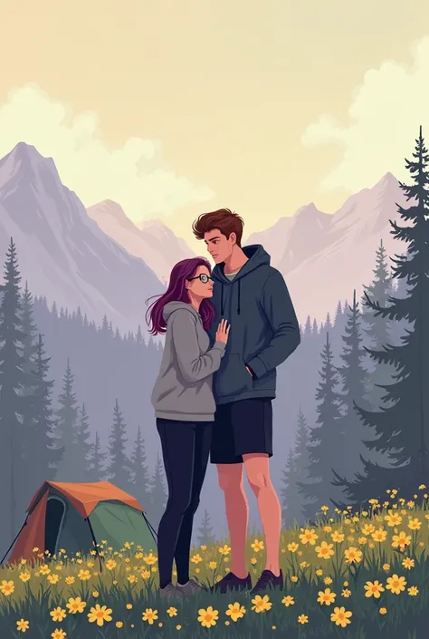 Lo-fi style digital illustration of a young couple in love, peacefully enjoying early morning in the Almaty mountains at Terra G...