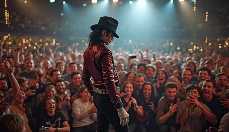 A person resembling Michael Jackson is standing on stage under bright spotlights, wearing a black fedora, sparkling glove, and s...