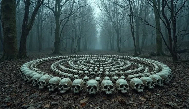 4. Eerie forest clearing – Perfectly circular space in the woods with spiraled bone arrangements, skulls stacked in symmetrical ...