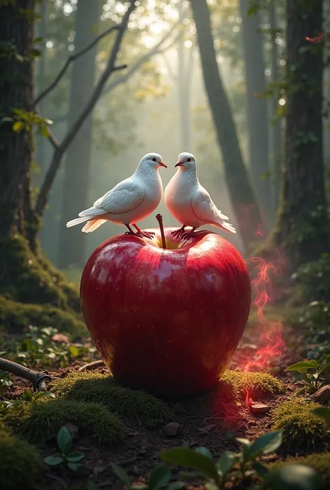 A high-definition, hyper-realistic scene of a large, glossy red apple with realistic texture and lighting, placed in the center ...