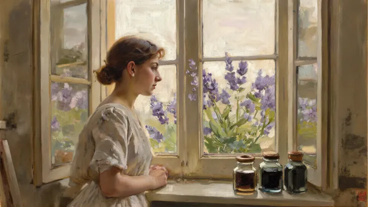 miniature painting, Isabella standing behind a closed window, looking out as sunlight filters into the room filled with lavender...