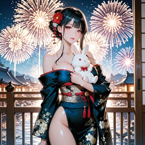 Kimono, beautiful woman, rabbit hugging black hair sexy pretty sexy fireworks