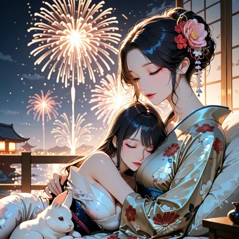 Kimono, beautiful woman, Cuddling rabbits, dark hair, sexy, beautiful, fireworks, glossy