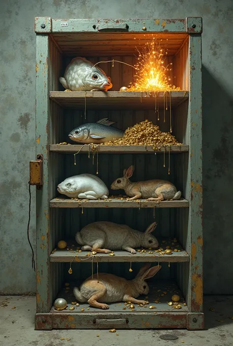 Wooden shelves of a storage, the first has white membranes, the second one has dead fish, the third one has magma, the fourth on...