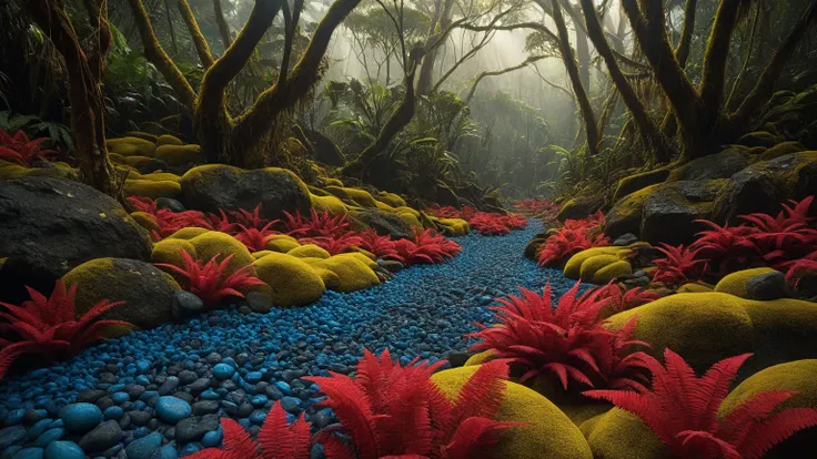 Hidden valley filled with yellow moss, red ferns, and blue stones glowing after rain, afternoon in tropical zone, moody ambient ...