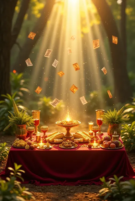 A hyper-realistic, ultra-high-definition image of a divine offering of prosperity, presented as a ritualistic altar set on the g...
