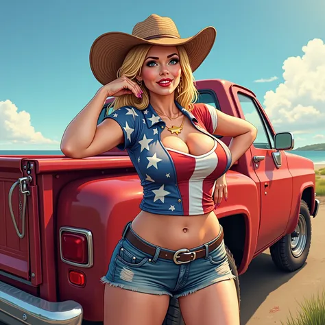 illustration of a woman wearing patriotic outfit, posing for a photo, She is standing in front of a 1990 Chevrolet pickup truck,...